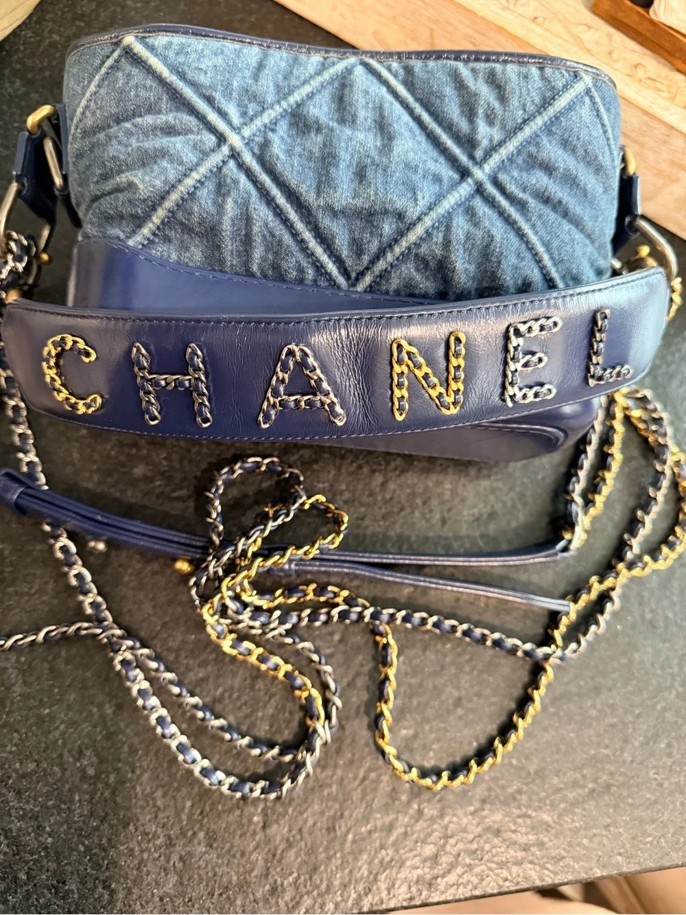 Chanel Gabrielle Quilted Denim and Leather Chain Crossbody or Shoulder Bag